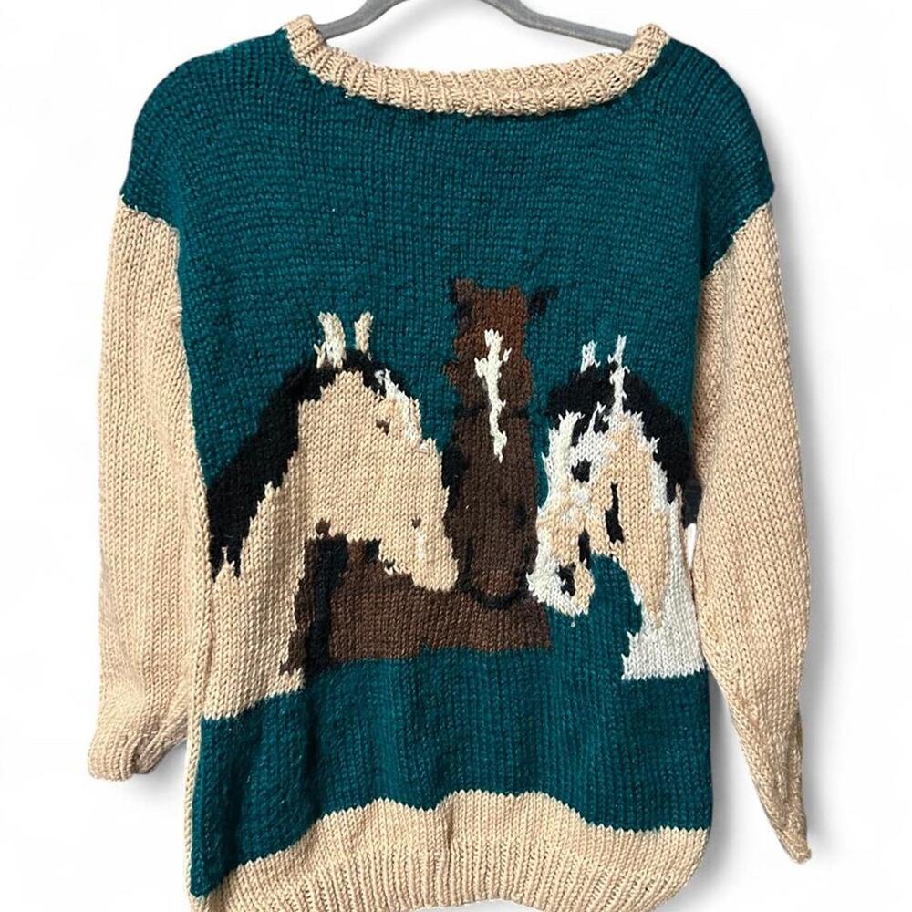 Vintage hand knit horse trio pullover sweater cowgirl western farmer